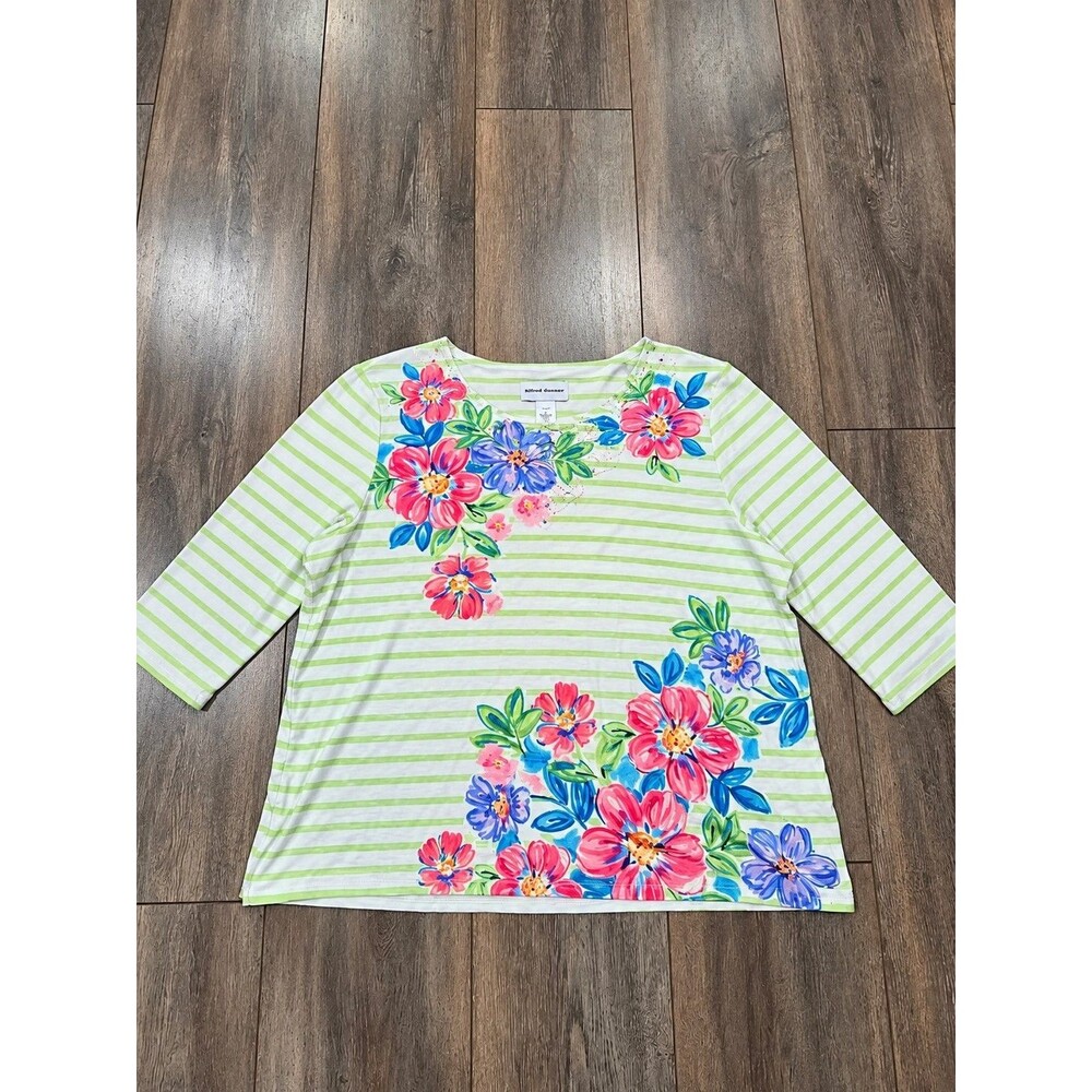 Alfred Dunner Womens XL Floral Striped Rhinestone 3/4 Sleeve Top Green White